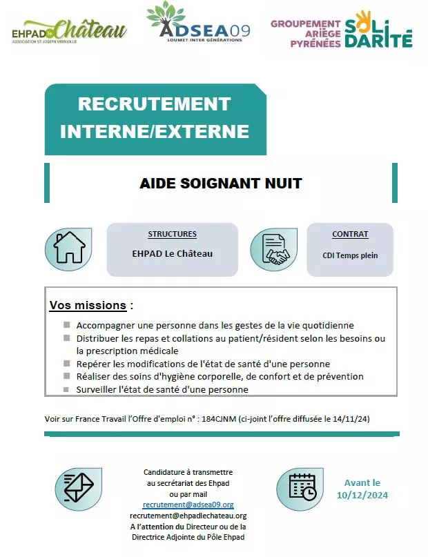 offre emploi as nuit ehpad le chateau nov 2024